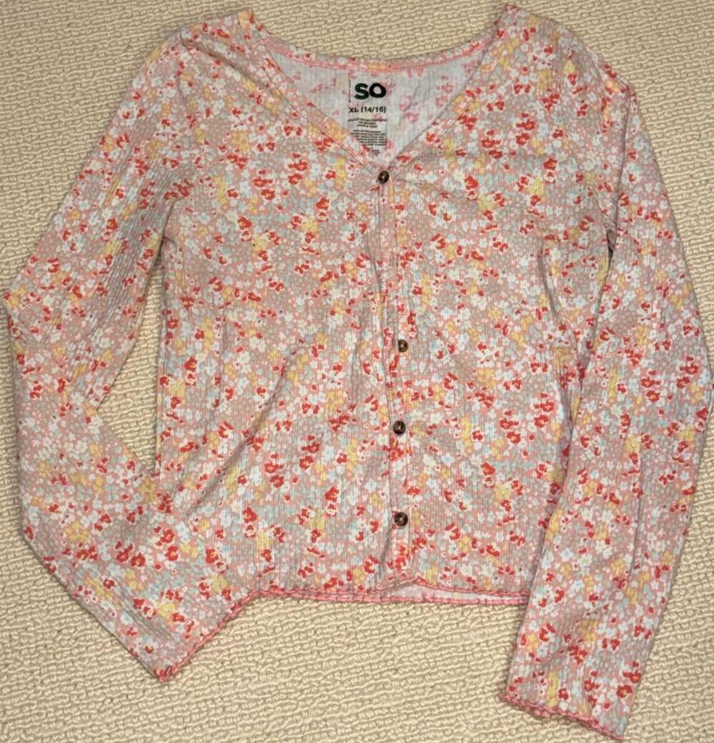 SO Floral Ribbed Cardigan Size XL (14/16) Pink Yellow